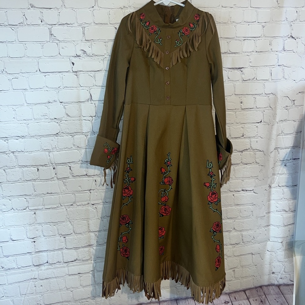 Pocahontas dress. Girls costume in brown. Long sleeve. Fringe trim. Halloween